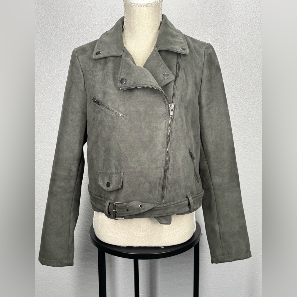 Forever 21 Olive Gray Faux Suede Moto Biker Jacket Large Zip Up